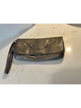 COACH Ashley Leather Large Flap Wristlet Wallet Bag Bronze Steel purse